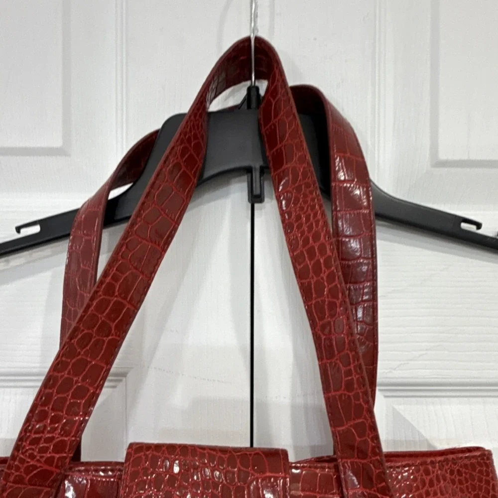 Red Crocodile Embossed Patent Tote Shoulder Bag Silver Hardware Lined Women